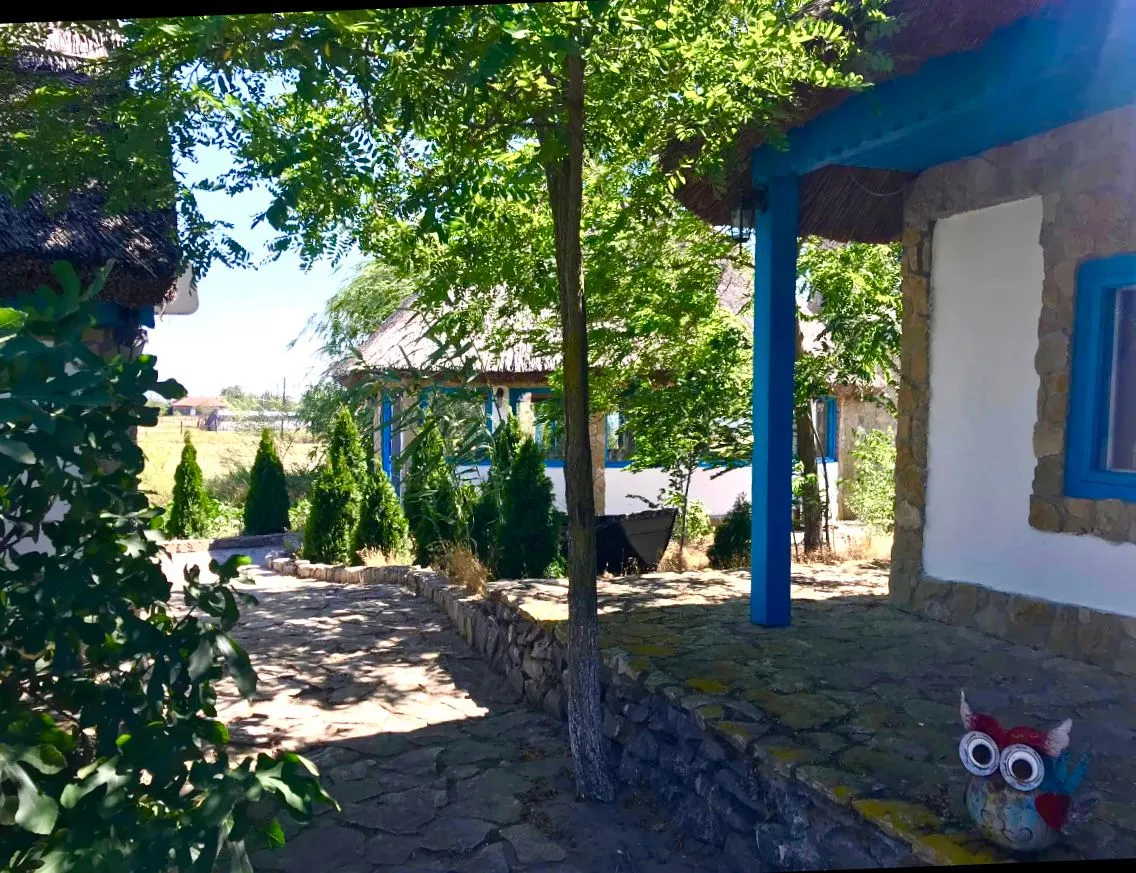 Curte tradițională cu case și copaci umbrosi.